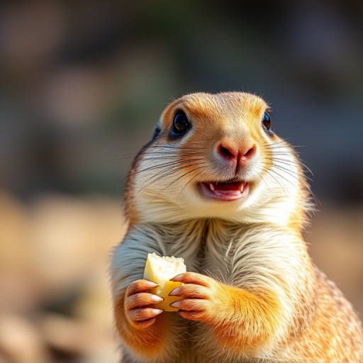 A close-up shot of a prairie dog eating, with a shallow depth of field, ISO 200, f/2.8 aperture, 50mm lens, natural lighting, soft focus background.