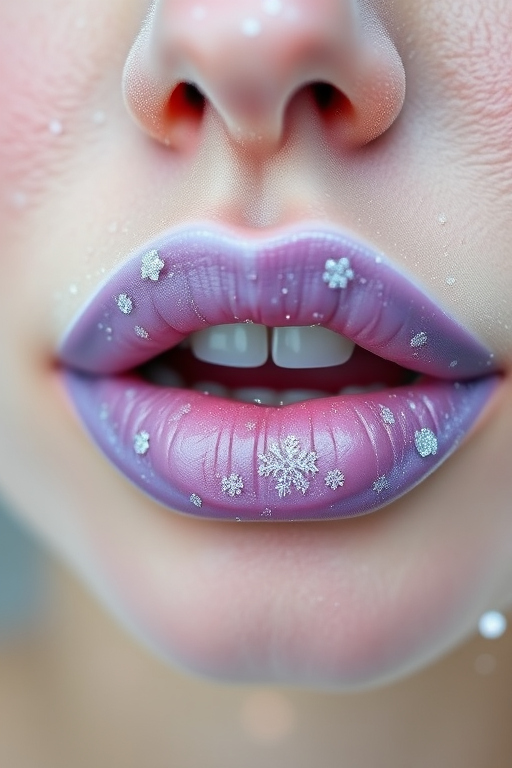 Frosted lilac lips embody ethereal beauty in the "Frosty Fairytale" design, featuring a cool-toned purple base with a delicate silvery sheen that gives the illusion of freshly fallen snow, creating a whimsical and enchanting lip look that's ideal for winter-themed events or fantasy-inspired makeup artistry