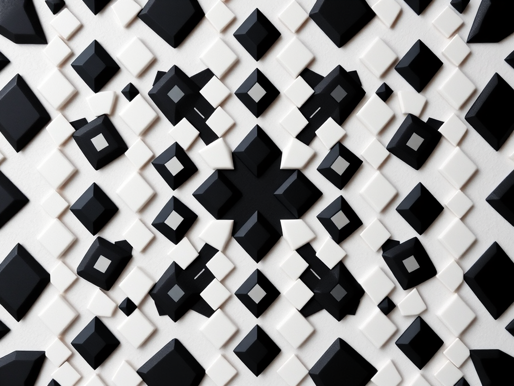 Create a high-resolution abstract pattern consisting of smaller black and white diamonds arranged in a larger diamond formation, focusing on symmetry and contrast, captured with a DSLR camera at f/8 aperture, ISO 100, using a 50mm lens, with a flat lay perspective.