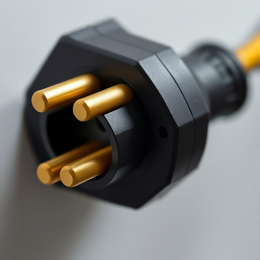 Create a high-resolution digital illustration of a black electrical plug with yellow wires, using a macro lens effect, 50mm focal length, f/2.8 aperture, shallow depth of field, and vibrant color saturation for enhanced detail and texture.