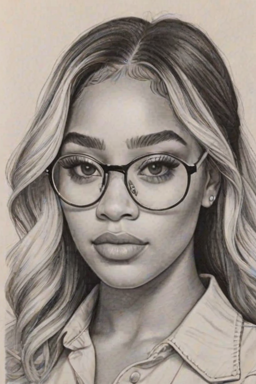 Fascinating Jordyn Woods, pencil sketch, portrait of Appealing woman 1974s in glasses, hair style beatnik, outline, clear lines, fine lines, 8k