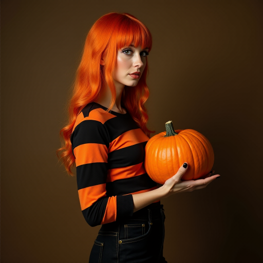 beautiful woman in orange and black Halloween colors, stripes. striking. pumpkin on shirt. I'm orange hair. full body. side shot holding pumpkin