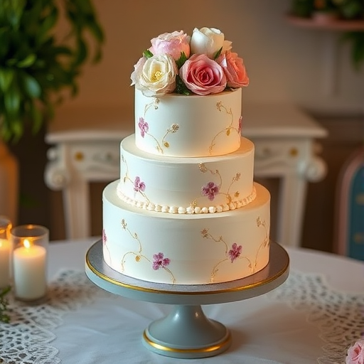 A beautifully decorated layered cake on an elegant display stand. The cake has three tiers, each covered in smooth, pastel-colored frosting, with delicate floral patterns and edible gold accents. The top tier is adorned with fresh flowers like roses and peonies, adding a touch of elegance. The setting is a vintage-style table with lace and greenery, creating a luxurious yet cozy atmosphere. Soft, warm lighting enhances the cake's details, giving it a dreamy and enchanting look, perfect for a special celebration or wedding.