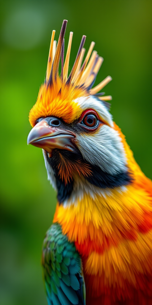 Photograph a colorful bird with a mohawk-like crest and striking facial features, using a Canon EOS R5 camera, with an aperture of f/2.8 for a shallow depth of field, a shutter speed of 1/500s to freeze motion, ISO 100 for maximum clarity, taken from a close-up perspective to capture intricate details against a blurred green background.