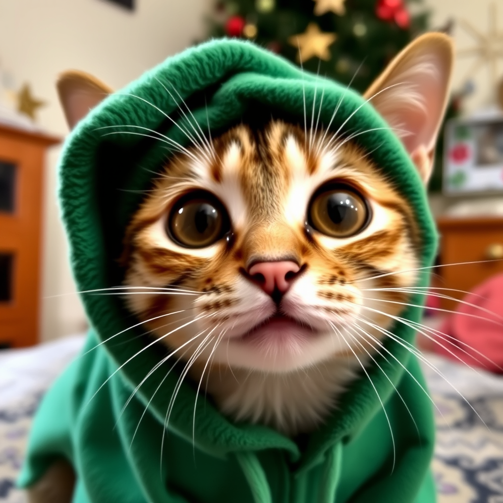A close-up of a curious cat wearing a green hood with a star ornament in the background and a cozy indoor setting. The cat's big eyes are prominently displayed, capturing its playful and inquisitive expression.