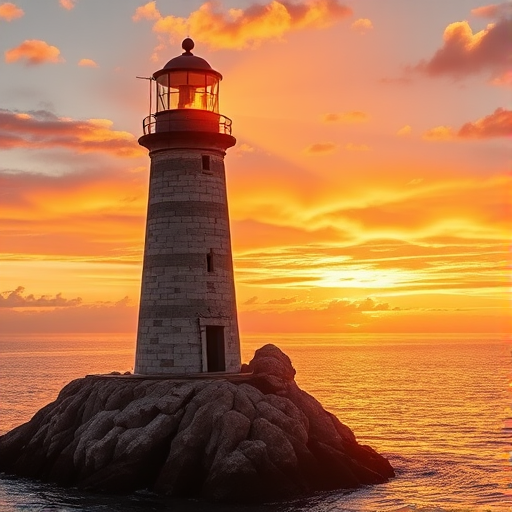 Generate an image of a tall lighthouse perched on a rocky outcrop surrounded by calm ocean waters during a breathtaking sunset. The lighthouse stands sturdy and weathered, its stone surface illuminated by the warm golden light of the setting sun. The sun's rays pass directly through the glass lantern room at the top of the lighthouse, casting a brilliant light across the scene. The sky is painted with vibrant shades of orange, pink, and purple, reflecting off the tranquil sea. The surrounding water shimmers with the same warm hues, creating a serene and majestic atmosphere.