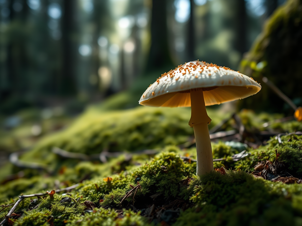 mushroom growing on mossy ground in a forest setting with soft natural light, use a macro lens at f/2.8, 1/125 sec shutter speed, ISO 200, shot from a low angle with a shallow depth of field to enhance background blur, DSLR camera