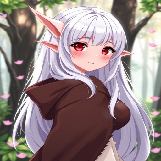 1girl, pointy ears, solo, red eyes, smile, elf, looking at viewer, white hair, petals, long hair, upper body, outdoors, cloak, forest, hood, blush, nature, hooded cloak, cape, shirt, hood down, parted lips, looking back, day, bangs, large breasts,