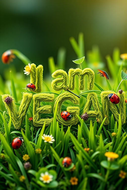 Create a vibrant and colorful image of the text "I am VEGAN" made of lush green grass with insects like ladybugs and butterflies, adorned with small flowers and leaves, captured with a Canon EOS 5D Mark IV at f/8, ISO 100, 1/125s, using a macro lens to enhance detail and depth of field.