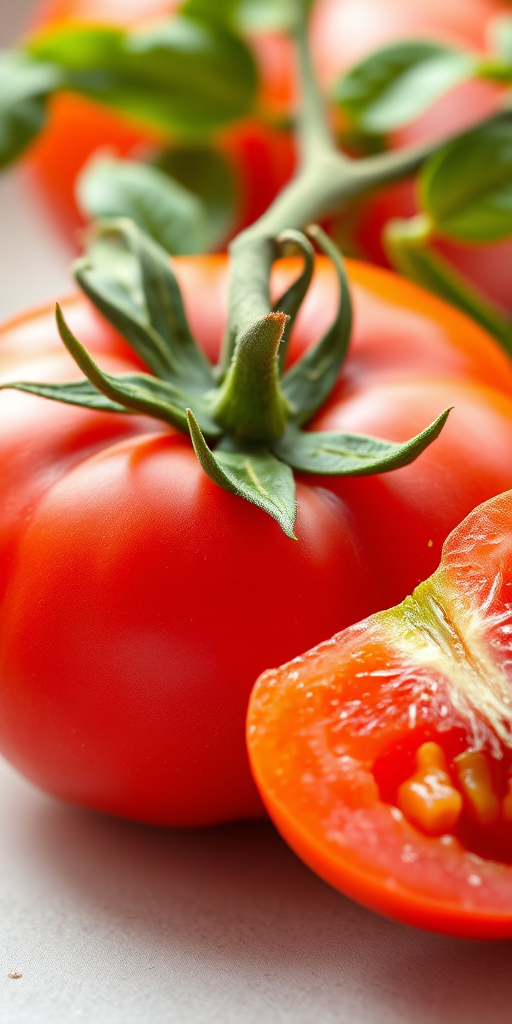 create a realistic illustration of a ripe tomato with a sliced piece beside it, featuring vibrant red color, lush green leaves, soft natural lighting, macro lens settings with a shallow depth of field, captured with a DSLR camera from a slightly elevated angle to enhance detail and texture.