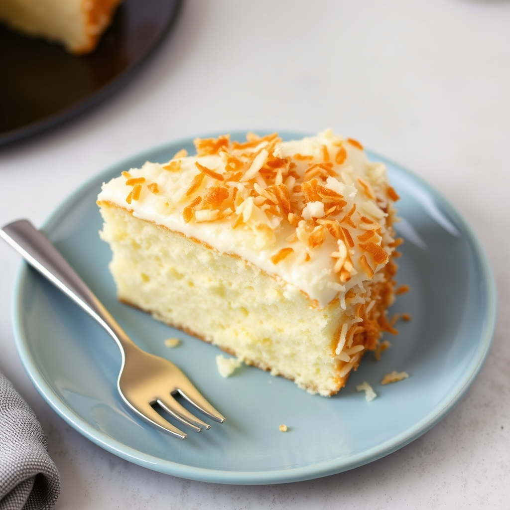 A slice of coconut cake topped with golden toasted coconut flakes served on a blue plate with two forks beside it against a light gray background.