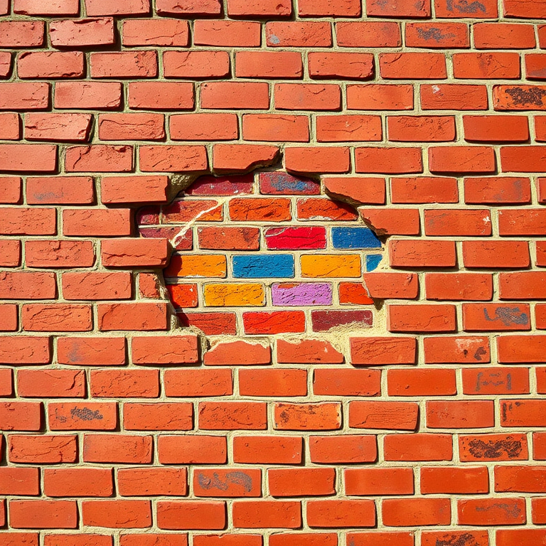 Create an image of a red brick wall with a damaged section revealing vibrant colors behind it, using a DSLR camera with a 50mm lens, aperture f/2.8, ISO 100, shot from a straight-on view in natural light to enhance texture and detail.