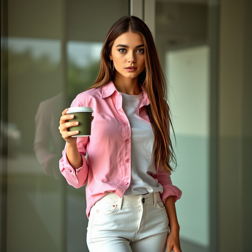 A young woman with long brown hair stands with her back against a glass door, wearing a pink button-down shirt over a white T-shirt and white pants, holding a cup of coffee in her right hand. The woman is looking directly at the viewer, her expression is neutral. Her right hand is tucked into the pocket of her pants while her left hand holds the coffee cup. The lighting is soft and natural, highlighting her features. The background is blurred, with the focus on the woman. The photo is taken from a slightly elevated perspective, showcasing the woman's full figure.