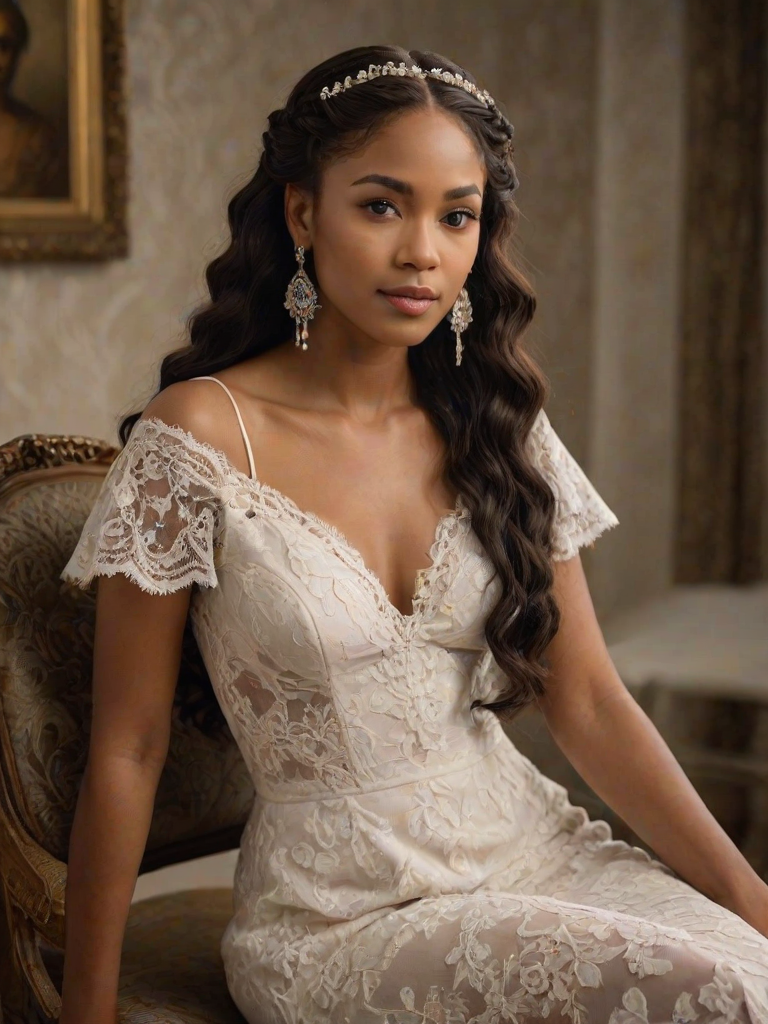 Create a portrait of a refined and elegant Cape Verdean woman seated in a sophisticated setting. She has long, wavy hair styled in two thick braids that are pulled over her shoulders. She wears a white, lace gown with intricate patterns, featuring a deep V-neckline and short sleeves. The dress exudes a vintage charm with its delicate lacework. She is adorned with ornate, dangling earrings that add a touch of glamour to her appearance. The background is softly lit, with warm, ambient lighting that creates a cozy and inviting atmosphere. Her expression is poised and serene, capturing a sense of grace and elegance.