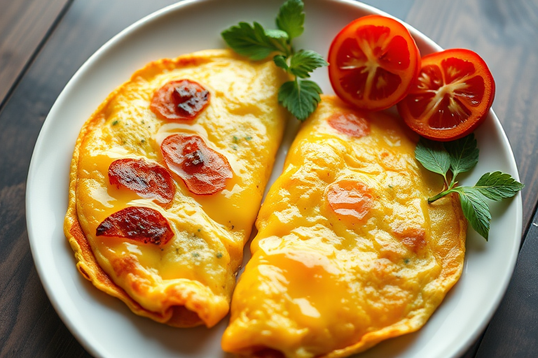 regenerate a high-quality image of two omelettes on a plate, with vibrant colors and details, using a DSLR camera with a 50mm lens at f/2.8, natural light, top-down view, and a shallow depth of field for enhanced focus on the omelettes