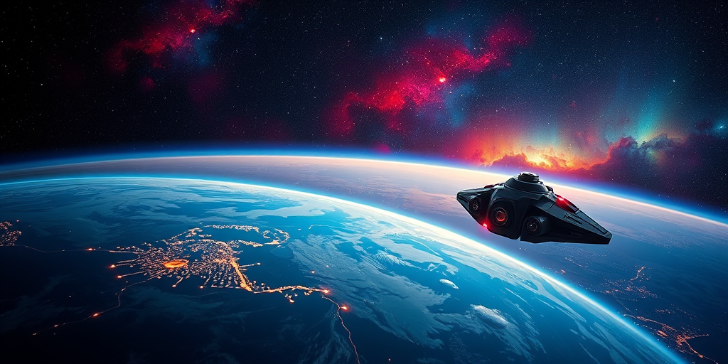 Depict a distant view of Earth with vibrant lights highlighting cities, while a sci-fi spaceship hovers nearby against a colorful nebula background; use a Canon EOS R5 with a 24mm lens, aperture f/8, ISO 100, and HDR photography style for enhanced details and vibrant colors.