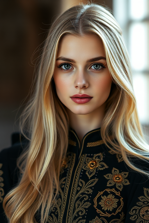 portrait of a young woman with long light blonde hair wearing a black and gold embroidered outfit, soft lighting, 85mm lens, f/1.8 aperture, ISO 100, shallow depth of field, Canon EOS R5