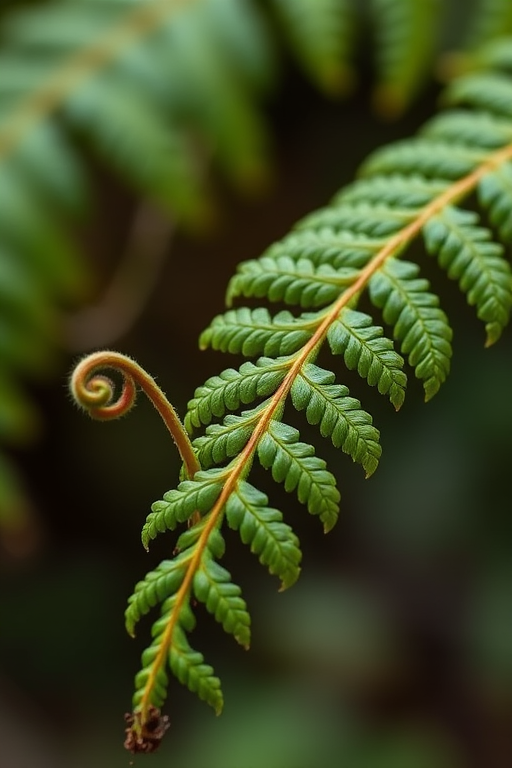 Generate a high-resolution image of a delicate fern branch with intricate details and textures, using a macro lens at f/2.8, ISO 100, 1/200s shutter speed, shot from a 45-degree angle with soft natural lighting to enhance colors and contrasts.