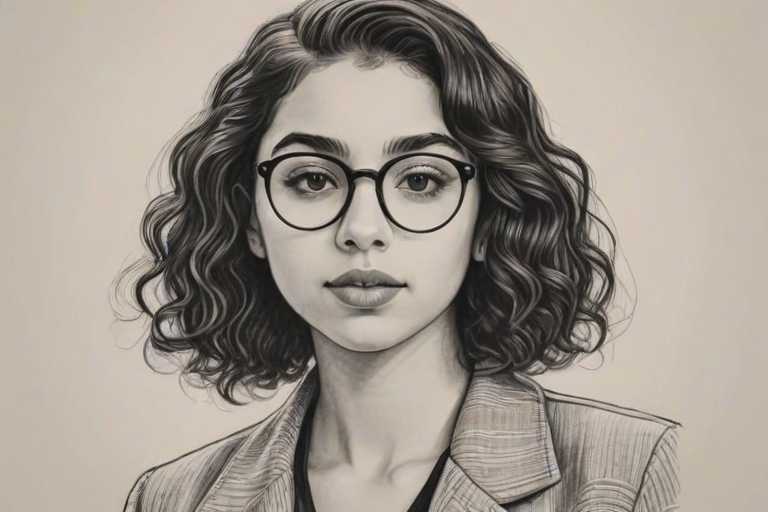 Lovely Alessia Cara, pencil sketch, portrait of Wonderful woman 1920s in glasses, hair style beatnik, outline, clear lines, fine lines, 8k