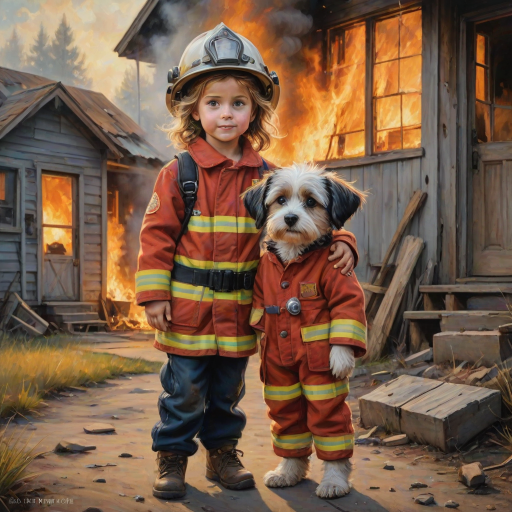 airbrushed oil painting, pixar style, cute little girl in fireman gear, helmet, tousled hair, expressive eyes, standing in the doorstep of a cottage burning behind him, holding a cute little dog in her arm, atumn sky