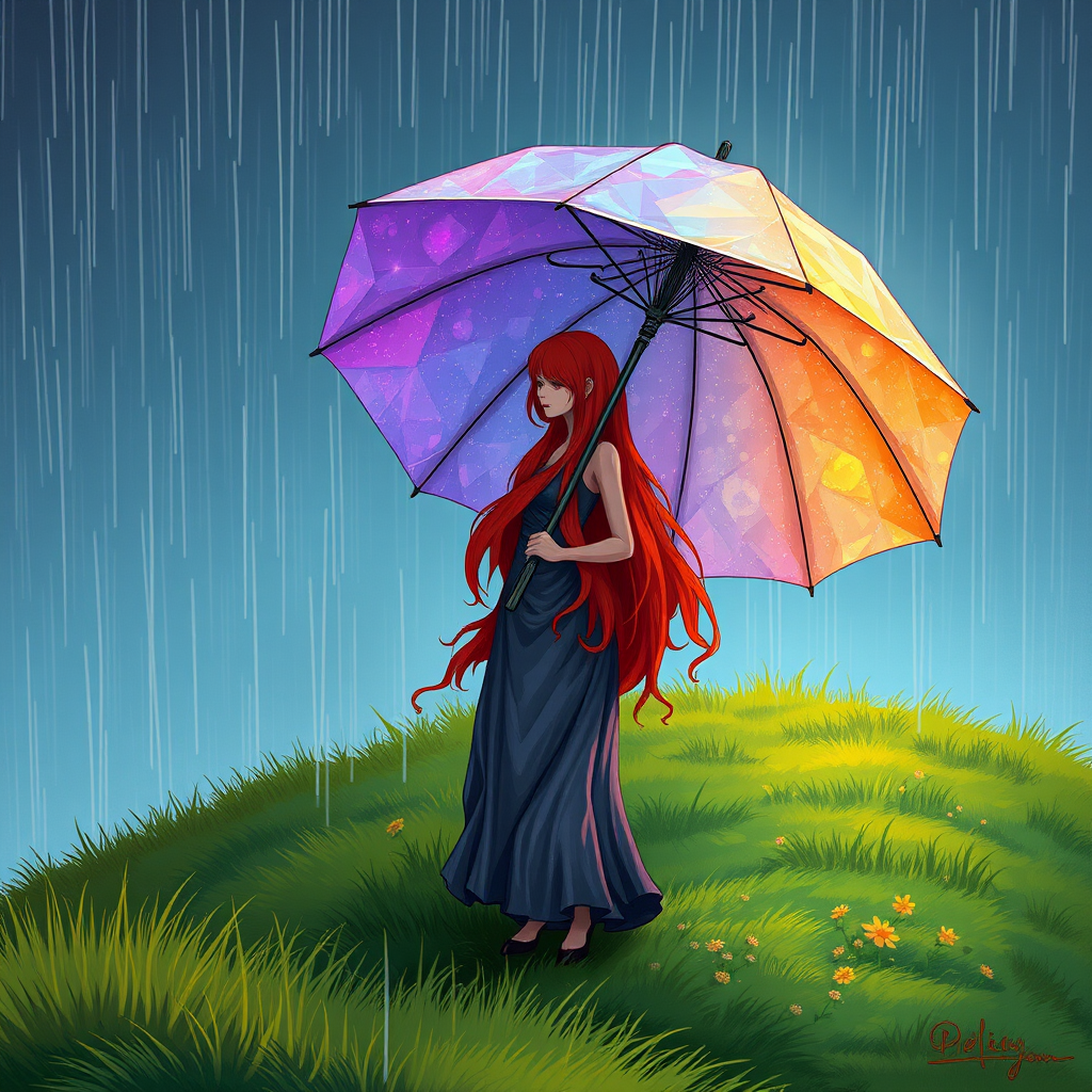 A surreal hand-drawn digital artwork depicting a mysterious red-haired woman standing on a grassy hill under the rain. She holds an umbrella crafted from iridescent zircon, its vibrant sheen contrasting with the soft, rainy atmosphere. The scene feels dreamlike, blending the natural elements of the hill and rain with the otherworldly shimmer of the umbrella.