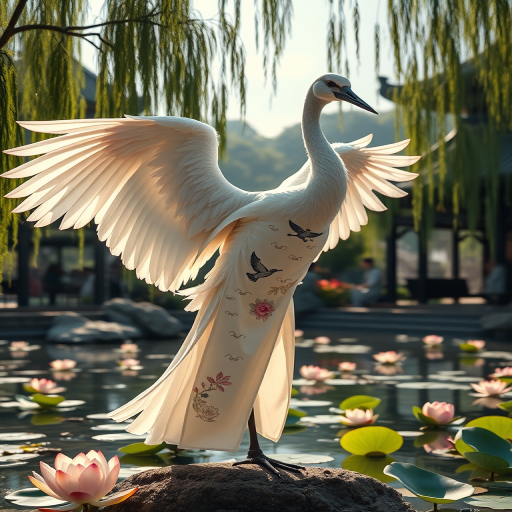 animanflux,This is a surrealistic realistic photography,in traditional Chinese attire, Tang dynasty, An anthropomorphized crane is gracefully stretching its wings in the Lake Pavilion of a classical Chinese garden. The garden is centered on water, surrounded by rockeries, pavilions, flowers and trees, forming a harmonious natural picture. The crane's eyes were clear and serene, with a faint smile on its face, as if it was admiring the beauty of its surroundings. It is wearing a white robe embroidered with cloud patterns and cranes flying, showing an extraordinary temperament, and the hem of the robe swings gently with its movements, as if echoing the breeze in the garden. In the garden, lotus flowers are in full bloom and the crane's robe swings gently with the wind, filling the whole scene with tranquility and harmony. The sunlight through the branches of the willow tree sprinkled on the crane, forming a dappled light effect, while the soft feathers of the crane and the hard rock form a contrast in texture, the embroidered flowers on the robe and the lotus in the pond show the details of the delicate texture of the picture, the whole scene is like a quiet painting of the classical Chinese garden