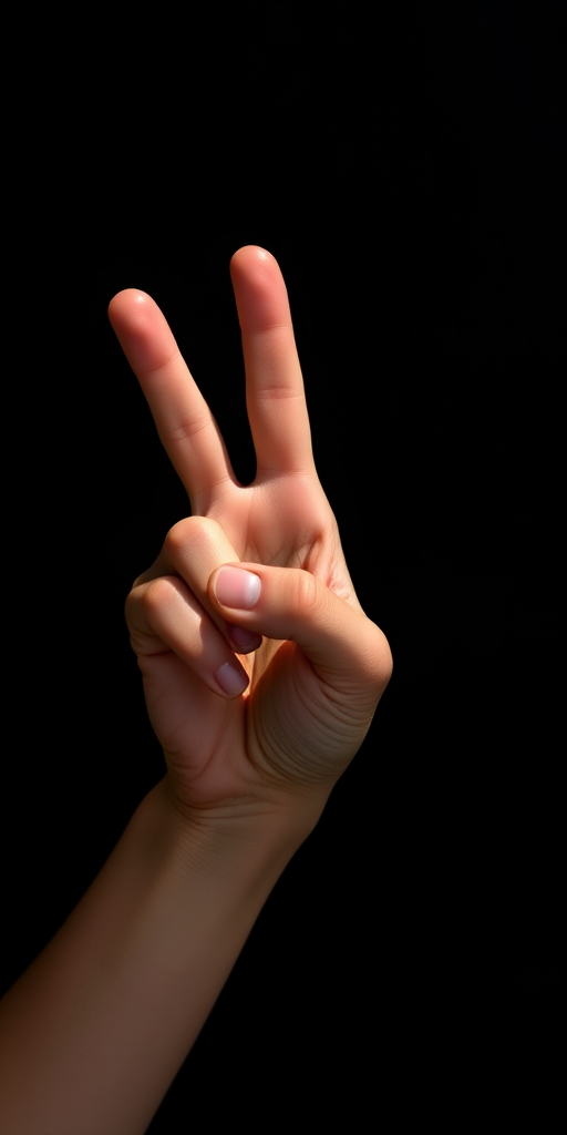 create an image of a hand making a peace sign against a black background with a Canon EOS 5D Mark IV camera, 50mm lens, f/1.8 aperture, ISO 100, 1/200s shutter speed, in portrait mode, using natural lighting for soft shadows
