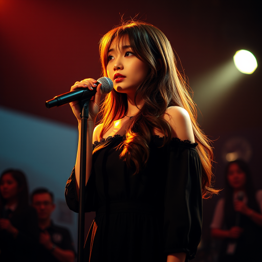 A young japanese woman with long, flowing brown hair is standing in the center of the frame, holding a microphone in her right hand, and looking slightly off to the right side of the frame. She is wearing a black, off-the-shoulder dress with delicate lace detailing. The lighting is warm and dramatic, creating a spotlight effect on the singer. There are other figures in the background, blurred and out of focus, suggesting a concert or performance setting. The camera angle is low, capturing the woman from the waist up. The overall atmosphere is intimate and captivating.