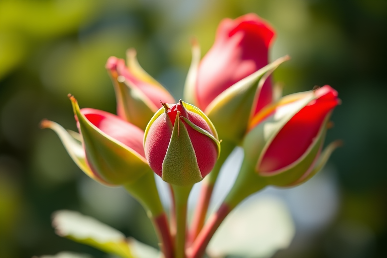Close-up shot of vibrant red and green rose buds on a stem, with a shallow depth of field, using a DSLR camera with a 50mm lens, aperture set to f/2.8, ISO 100, and a sunlight backlit setting to enhance colors and details.