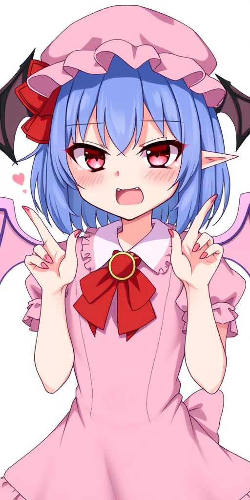 surime, 1girl, anger vein, angry, ascot, bat wings, blue hair, blush, bow, breasts, brooch, collarbone, dress, eyes visible through hair, fang, fingernails, frilled shirt collar, frills, hair between eyes, hands up, hat, hat ribbon, jewelry, looking at viewer, medium hair, mob cap, nail polish, open mouth, pink dress, pink headwear, pink nails, pink shirt, pointy ears, puffy short sleeves, puffy sleeves, red ascot, red bow, red eyes, red ribbon, remilia scarlet, ribbon, shirt, short hair, short sleeves, skin fang, solo, sweat, tears, trembling, upper body, wide-eyed, wings