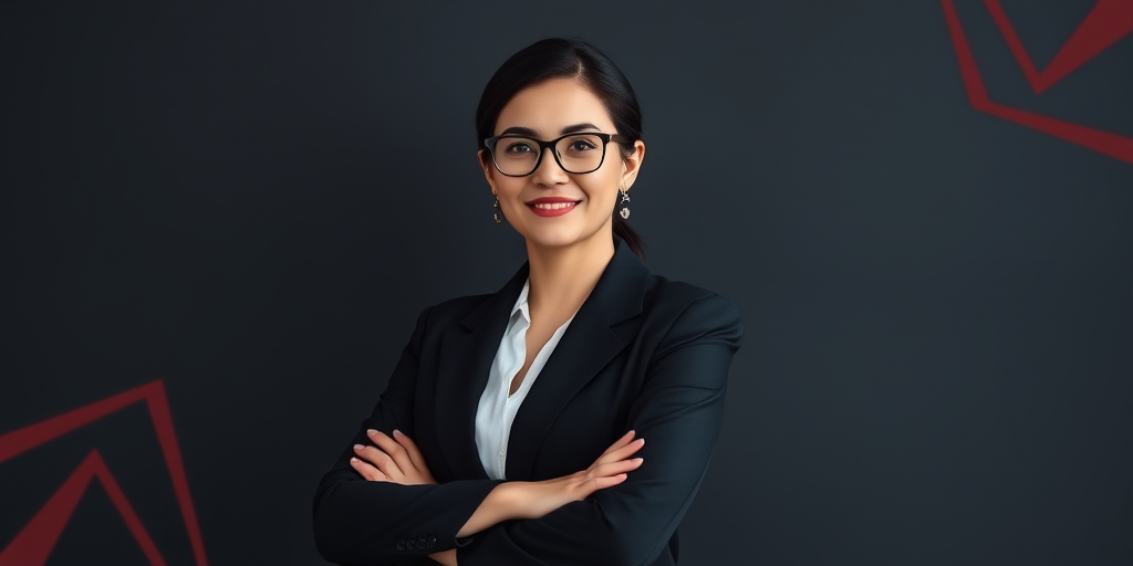 Create a professional portrait of a confident woman with glasses, wearing a black suit and a white blouse, standing with arms crossed, against a dark background with abstract red geometric patterns, captured with a Canon EOS R5, 85mm lens, f/1.8 aperture, ISO 100, natural light.