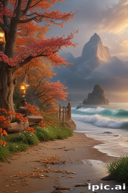 Serene Autumn Landscape with Vibrant Trees and Majestic Mountain Backdrop