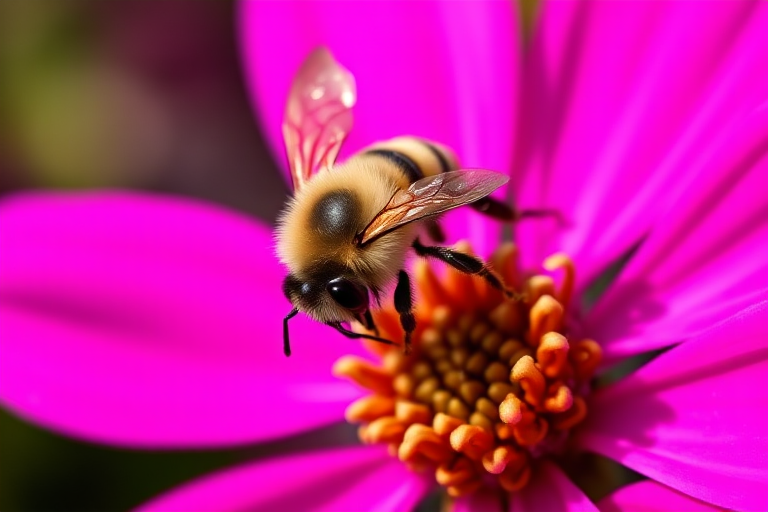 macro shot of a bee on a vibrant pink flower, using a Canon EOS 90D with a 100mm f/2.8L macro lens, aperture f/2.8, ISO 100, shutter speed 1/200 sec, natural light, focus on the bee's details, background slightly blurred to enhance depth.