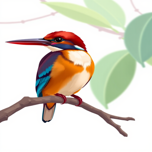Create a high-resolution illustration of a kingfisher perched on a branch, using vibrant colors and smooth vector shapes, shot with a DSLR camera at f/8 aperture, 1/250 sec shutter speed, ISO 100, in a minimalistic style with a clean white background.