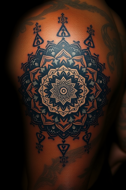 Mesmerizing mandala tattoo with intricate geometric patterns and sacred symbols, adorned with dotwork shading and white ink highlights, creating a mesmerizing three-dimensional effect on dark skin
