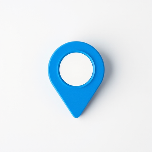 Create a high-resolution image of a blue location pin with a white circle in the center, using a 50mm lens, f/1.8 aperture, shot at ISO 100, with a slight vignette effect, in a flat lay style on a neutral background.