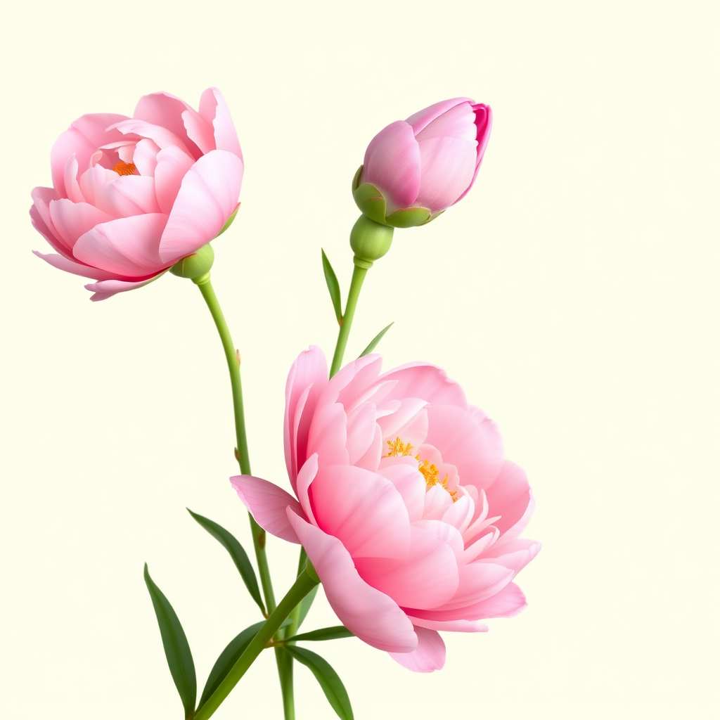 Create an illustration of three pink peonies with one bud, set against a pale green background, using a soft focus style, shot with a DSLR camera at f/2.8, 85mm lens, natural lighting, and a slight vignette effect for enhanced elegance.