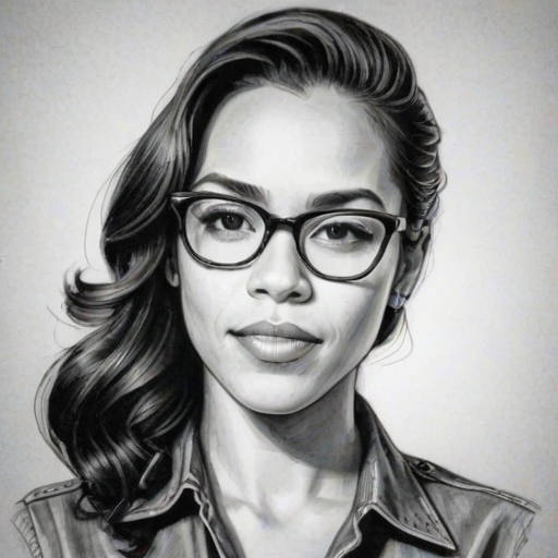Comely Jessica Camacho, pencil sketch, portrait of Radiant woman 1952s in glasses, hair style beatnik, outline, clear lines, fine lines, 8k