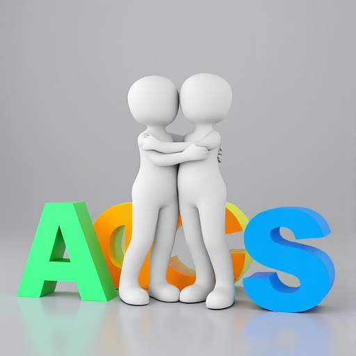 Generate a high-resolution 3D illustration of two stylized white figures standing together among colorful letters A, Q, F, and S in dynamic positions, captured with a DSLR camera at f/4 aperture, 24mm focal length, and ISO 100, with a soft focus background to enhance depth and detail.