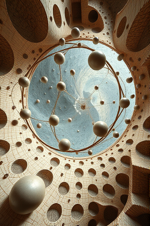 Generate a highly detailed, surreal fractal landscape with intricate geometric patterns and textures, featuring complex spheres and tunnels, captured with a DSLR camera at f/8 aperture, ISO 100, 24mm focal length, in a high dynamic range style, using a wide-angle lens for depth.