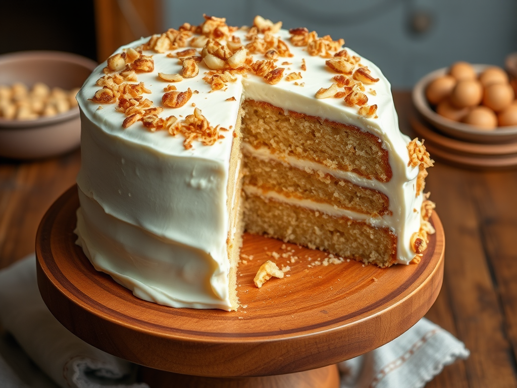 Create an image of a delicious cake with a smooth white frosting topped with toasted coconut flakes and chopped nuts on a wooden cake stand. Show a slice of the cake cut out, revealing its moist layers inside. The setting should have a warm and inviting atmosphere, emphasizing the cake as the focal point.
