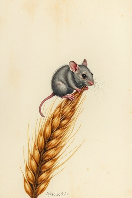 Soft, muted Alcohol Ink with ebru effect background image of tiny whimsical rat, who climbed high on the top of a golden rye ear.