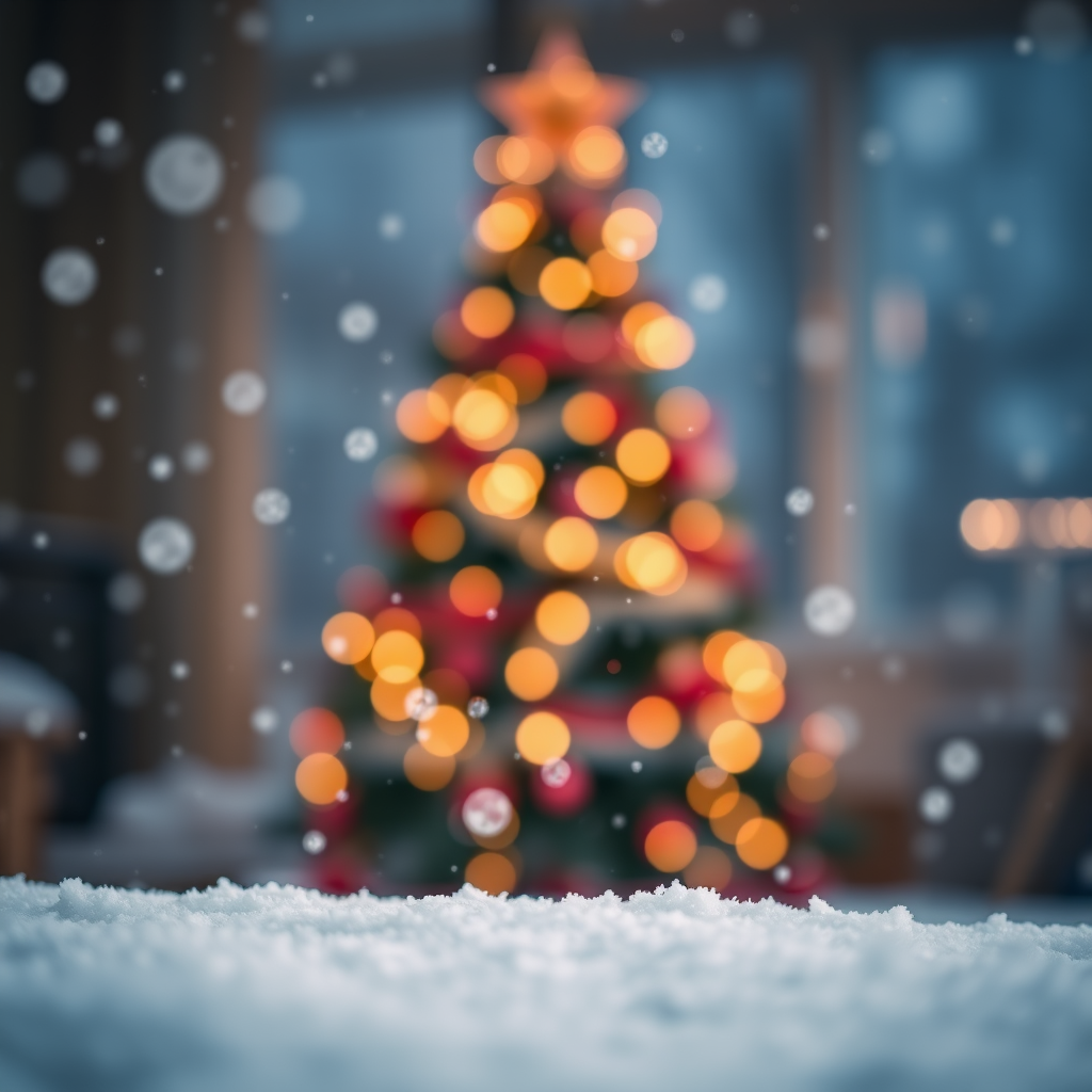 Create a serene winter scene with softly falling snowflakes, a blurred background featuring a decorated Christmas tree, and gentle bokeh lights. The foreground should have a snowy texture, creating a cozy holiday atmosphere.