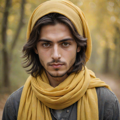 Create a portrait of a young Turkish male with long, dark hair and captivating hazel eyes. She is wearing a Yellow headscarf and a matching scarf draped gracefully around her neck. The background is softly blurred, focusing attention on her serene and natural expression. The overall color palette is muted and warm, enhancing the intimate and authentic feel of the portrait.
