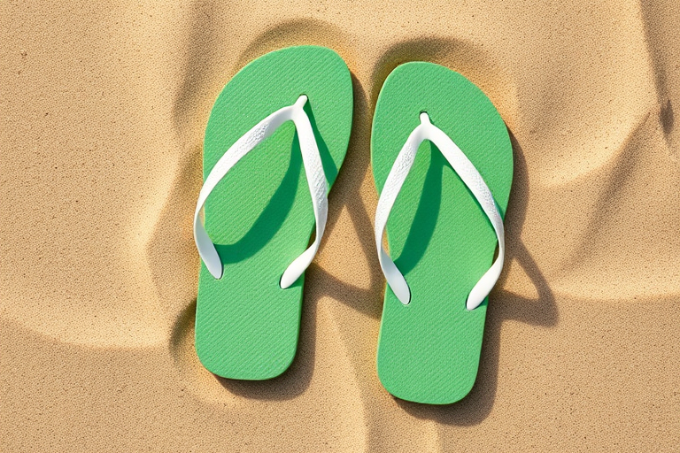 Create a high-resolution image of a pair of green flip-flops with white straps on a sandy beach background, using a DSLR camera with a 50mm lens, aperture set to f/2.8, ISO 100, shot from a top-down perspective in natural light for enhanced clarity and detail.