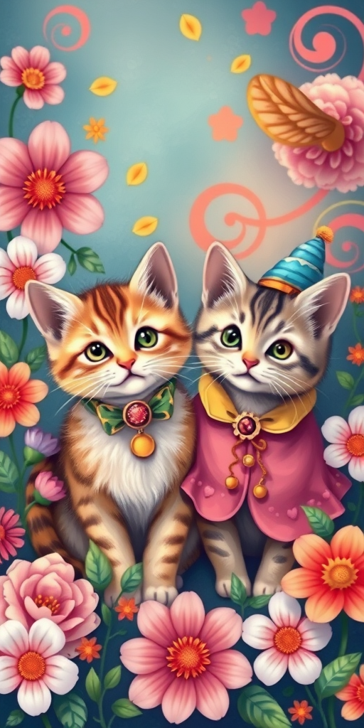 Create a vibrant illustration of two cute cats in decorative outfits amidst colorful flowers and swirls, using a soft focus lens with an aperture of f/2.8, 50mm focal length, shot from a top-down perspective, DSLR camera style for high detail and vivid colors.