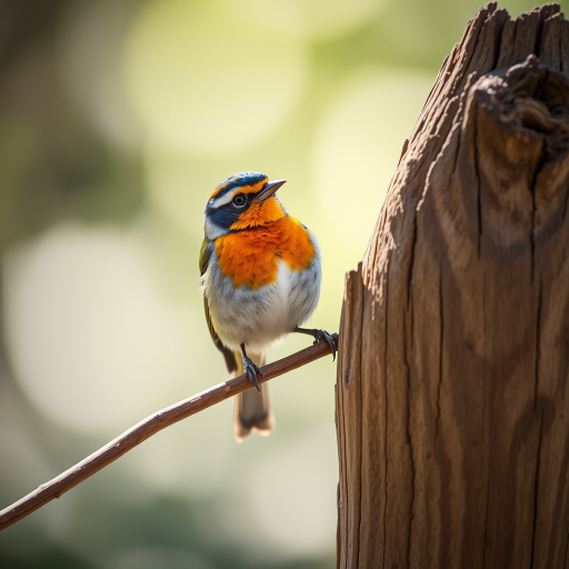 Regenerate the image of a bird perched on a wooden post with vibrant colors and details, use a Canon EOS 5D Mark IV, 50mm lens, f/2.8 aperture, ISO 200, shot in natural light, focus on sharpness and texture.