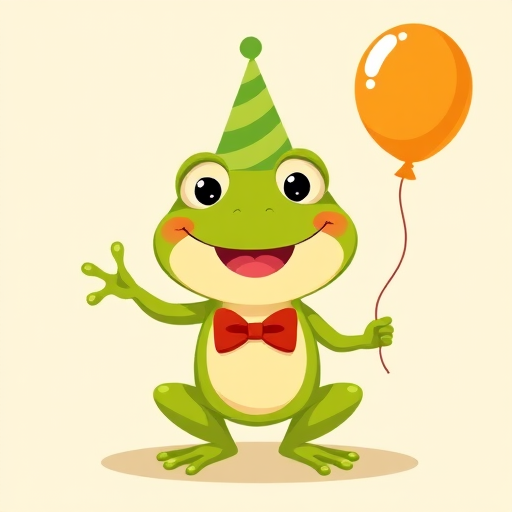 Create a cartoon illustration of a cheerful green frog wearing a party hat and holding an orange balloon in one hand with a light beige background. The frog should have a friendly smile, rosy cheeks, and a red bow tie.