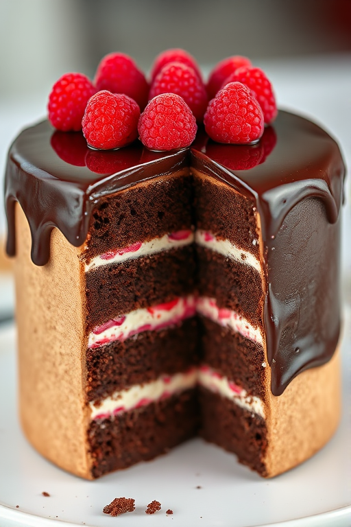 Create an image of a multi-layered chocolate cake with a glossy chocolate ganache topping and fresh raspberries on top. The cake should have distinct layers of dark chocolate, raspberry filling, and a light mousse layer, beautifully cut to reveal the different colors and textures inside. The background should be softly blurred to emphasize the cake.