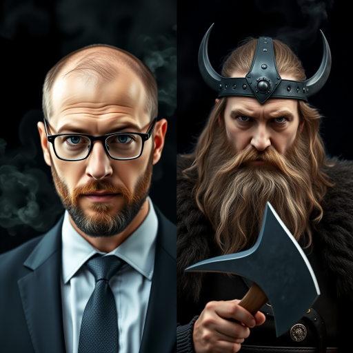 a combination of two pictures of a man in two completely different outfits and makeups. seamless stitched together vertically exactly over the middle of his face. exact same eye level on both sides. The left side shows him as a business person, without beard, wears suit, tie and glasses. The right side of him is wearing no glasses, long hair and beard and is dressed like a viking with a battle axe in his hand. The background is continuously dark with some smoke over both sides. --no visible lines or seams between both sides of the picture